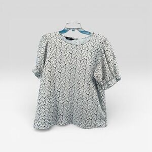 Dokotoo Womens Floral Puff Sleeve Blouse White Black Ditsy Print Top Size M